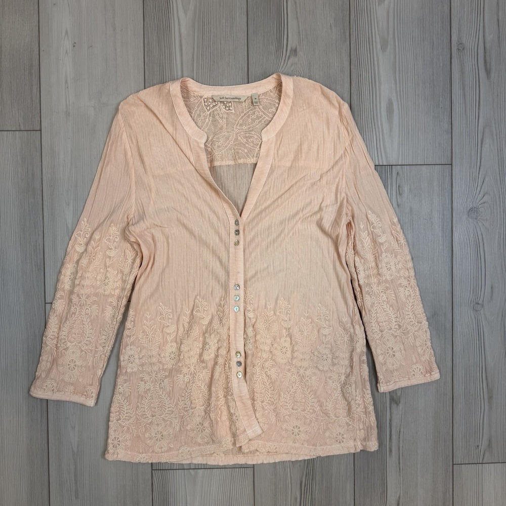 Soft Surroundings‎ Top Medium Blouse Floral Embroidered Linen Blend Cottagecore